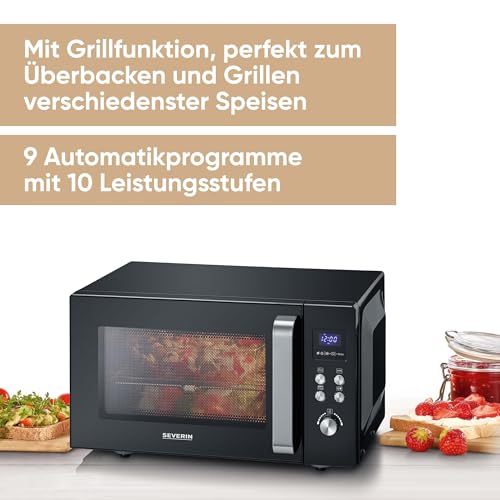 SEVERIN SEVERIN 2-in-1 Mikrowelle mit Glasboden und Grill, zum Auftauen und Erhitzen, Mikrowellengerät mit großer Nutzfläche für eckiges Geschirr, Schwarz/Edelstahl, MW 7763 - Designansicht 6 | Kompakt-Mikrowellen
