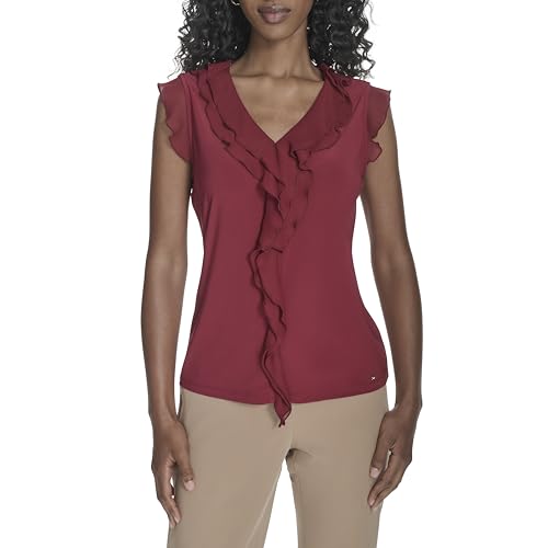 Tommy Hilfiger Women's Sleeveless Mix Media Ruffle Front Blouse