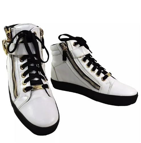 Baldinini Women's High-Top Sneakers, White Leather, Gold Hardware, Double Zip Design, Black Sole (White, US Footwear Size System, Adult, Women, Numeric, Medium, 5.5)