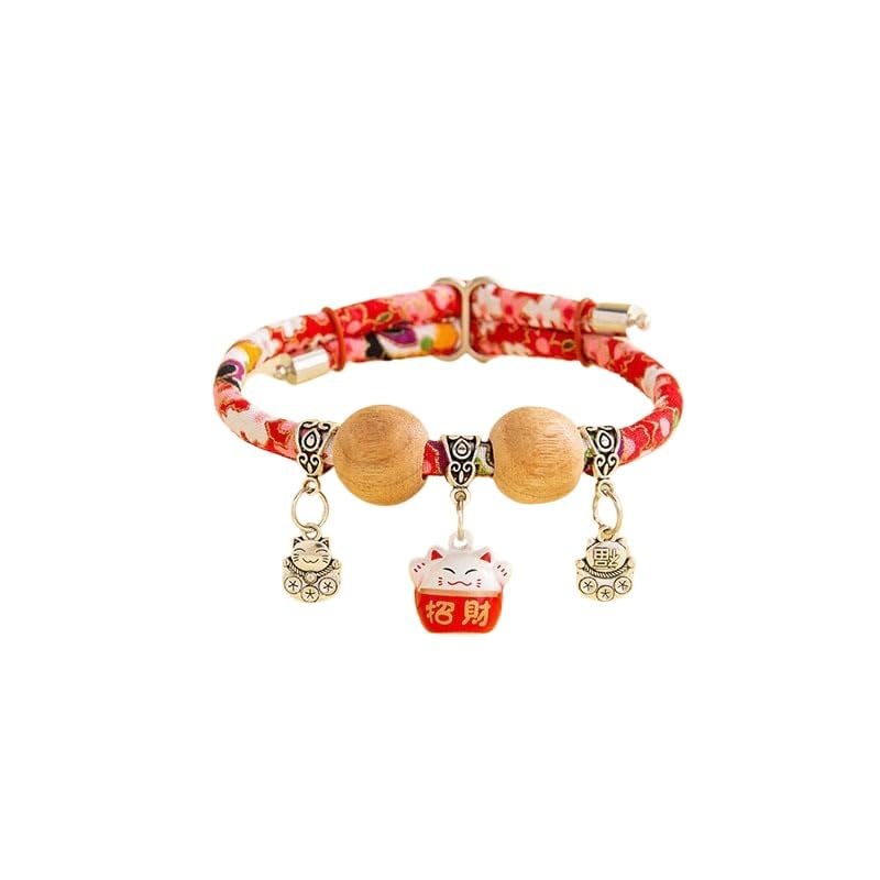 Cat Collar with Bell - Japanese Style Lucky Charm Adjustable Natural Camphor Bead Pet Collar Handmade Fortune Pendant Necklace for Cats Small Dogs Daily Wear or Gift (Red,XS For 0-2.5kg)