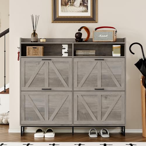 Image of BORNOON Shoe Cabinet with 4 Flip Drawers Narrow Shoe Storage Cabinet Organizer Wooden Freestanding Shoe Rack Hidden Slim Shoes Storage Cabinet for Entryway, Hallway, Living Room, Bedroom