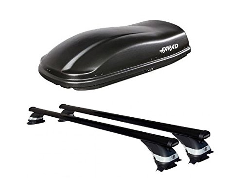 Farad JE50FLI30+AZ03030036 - Box da Tetto Marlin 400 LT Nero + Barre PORTATUTTO Lux in Acciaio per Auto con Railing O MANCORRENTI