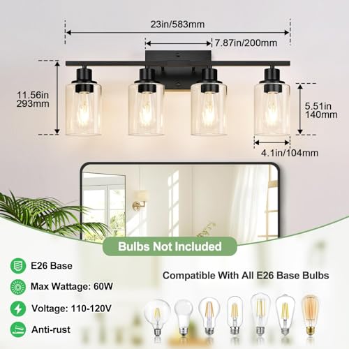 4 Light Bathroom Fixtures, Bathroom Lights with Clear Glass Shades, Matte Black Bathroom Fixtures Over Mirror, Modern Bathroom Wall Lamp for Mirror, Cabinet by Indoi - Image 8