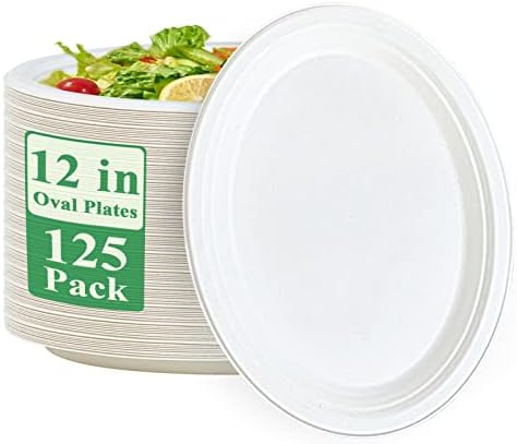 Vplus 100% Compostable Oval Paper Plates 12 inch 125 Pack Super Strong Disposable Paper Plates Bagasse Natural Biodegradable Eco-Friendly Sugarcane Plates for BBQ, Party, Gathering, and Picnic