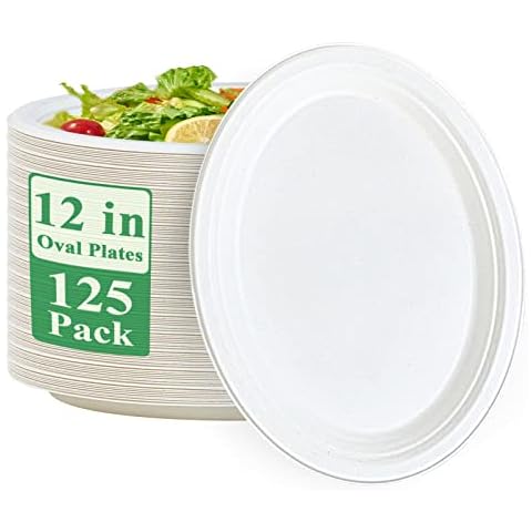 Vplus 100% Compostable Oval Paper Plates 12 inch 125 Pack Super Strong Disposable Paper Plates Bagasse Natural Biodegradable Eco-Friendly Sugarcane Plates for BBQ, Party, Dinner, and Picnic Cover
