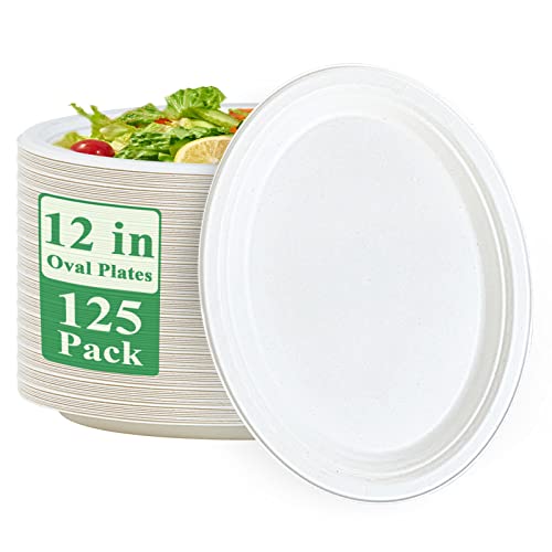 Vplus 100% Compostable Oval Paper Plates 12 inch 125 Pack Super Strong Disposable Paper Plates Bagasse Natural Biodegradable Eco-Friendly Sugarcane for BBQ, Party, Dinner, and Picnic by Vplus - Used condition - US$34.44
