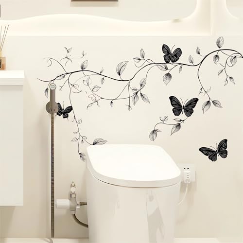 sacinora Black Flower Vine Butterflies Wall Stickers Floral Art Wall Decals