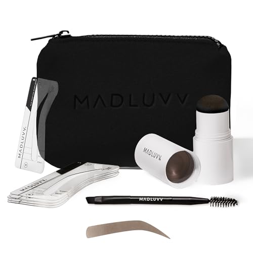 MADLUVV Brow Stamp Kit with Brow Stencils Easy Eyebrow Shaper for Natural-Looking Brows Popular Eyebrow Stencil Kit Used by Professionals 9 Shapes Spoolie Travel Bag & Stamp (Medium Brown)