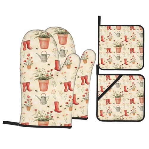 Garden Boots Flowers Oven Mitts and Pot Holders Sets of 4,Heat Resistant Non Slip Kitchen Gloves Hot Pads,Chef Cooking Baking Gifts Bakers for Women