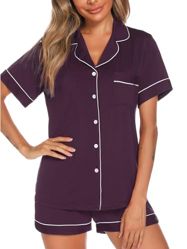 Image of Aamikast Button Up Pajama Set for Women Shorts Short Sleeve Knit Sleepwear 2 Pice Pjs Sets