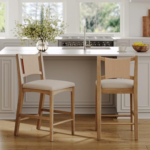 Image of Nathan James Elodia Boho Counter Height Bar Stool with Back, Woven Seagrass Backrest and Solid Wood Frame, Light Brown