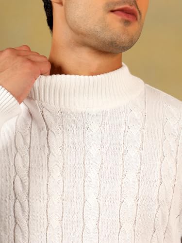 Image of Kvetoo Men's High Neck Cable Knit Sweater | Winter Pullover | Warm Wool Blend |Casual Full Sleeve Sweater for Men | Stylish Ribbed Neck Slim Fit Winterwear
