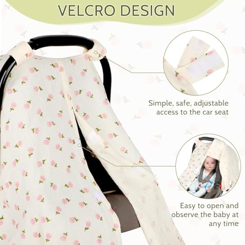 Image of Car Seat Cover Baby Girls Boys, Summer Cotton Baby Car Seat Cover for Carseat, Comfortable Muslin Nursing Cover, Soft Baby Blanket, Breathable Lightweight Infant Stroller Canopy, Pink Flower