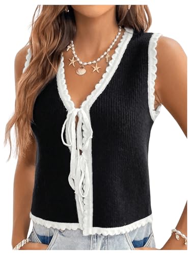 Image of GORGLITTER Women's Tie Front Cropped Sweater Vest Top Boho Holiday Outfits Sleeveless Color Clock Cardigan Dressy Casual Black and White Large