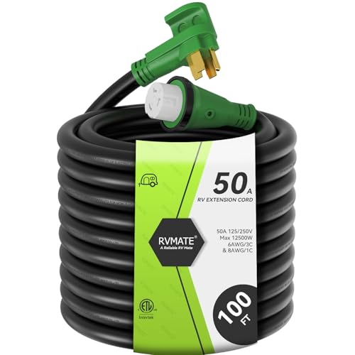 RVMATE 50 Amp 100 Feet RV/Generator Lockable Power Extension Cord, Easy Plug in Handle, 14-50P to SS 2-50R with LED Indicator, ETL Listed
