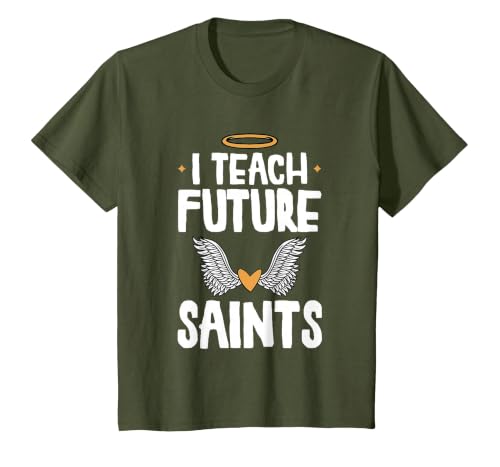 I Teach Future Saints Catholic Educator Teacher T-Shirt, Youth, Olive Green, Medium