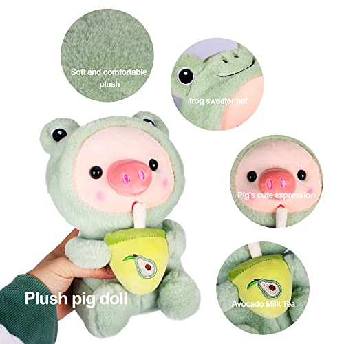 Redaica Stuffed Animal（Frog Hoodie） 9.8In Pig Plush Pillow Reversible Soft Green Cartoon Stuffed Doll Pigs Drink Boba Tea Plush Toy Gifts For Boy Girl #TOP4