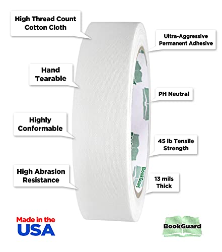 Bookguard 1 Inch Premium Bookbinding Repair Cloth Tape, 15 Yard Roll, White #TOP1