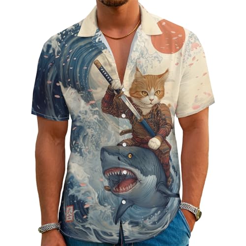 Funny Cartoon Print Hawaiian Shirt for Men Beach Vacation Casual Short Sleeve Button Down Aloha Shirt