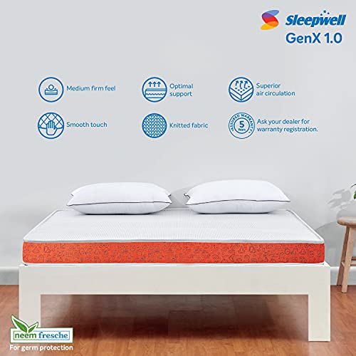 Image of Sleepwell GenX 1.0, 5 Inch Double Bed Size, HR Foam Mattress with Free Pillow (Red, 72x48x5)