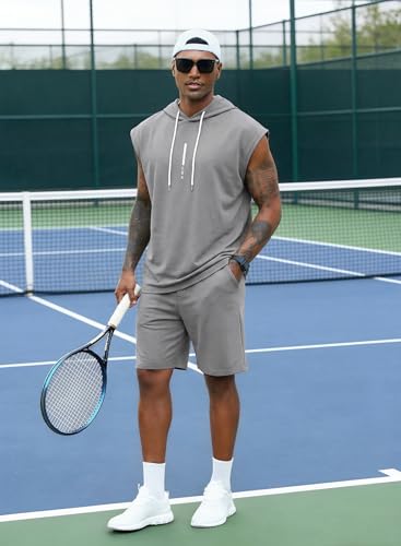 Image of Lexiart Mens Short Sets Sleeveless Workout Hooded 2 Pieces Outfits