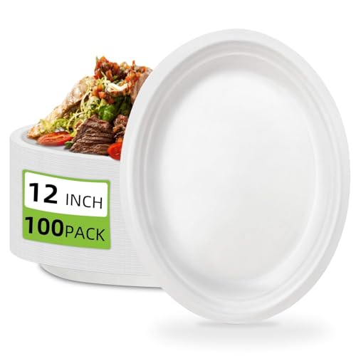 100 Pcs Compostable Oval Paper Plates 12 Inch - Heavy Duty Bagasse Platters - Biodegradable White Plates,Eco-Friendly Disposable Dinner Platters for BBQ,Picnic,Wedding,Party,Thanksgiving,Christmas