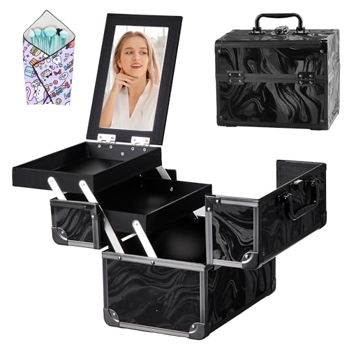 GALHUBIS Makeup Train Case, Portable Makeup Case with Mirror, 2-Trays Cosmetic Organizer Case,Nail...