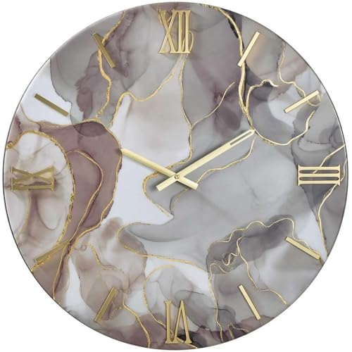 MAZZOLA LUCE Grande orologio da parete rotondo legno effetto marmo dettagli oro con numeri romani 60cm Made in Italy