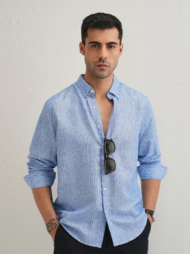 Image of Banana Club Elegant Lucent White Stripe Blended Linen Shirt for Men | Casual Stylish Long Sleeved Regular Fit Button-Down Collar Men's Wear | Shirt for Parties Office Daily Comfortable