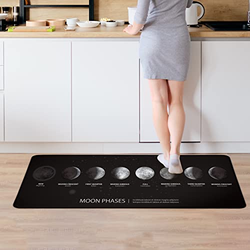 Moon Phases Kitchen Rug Set Of 2 Anti Fatigue 0.4 Inch Thick Black White Kitchen Mats Non-Skid Washable Modern Mat Decor For Sink Floor Comfort Standing Kitchen Runner Rug, 17.3X28 Inch+17.3X47 Inch #TOP2