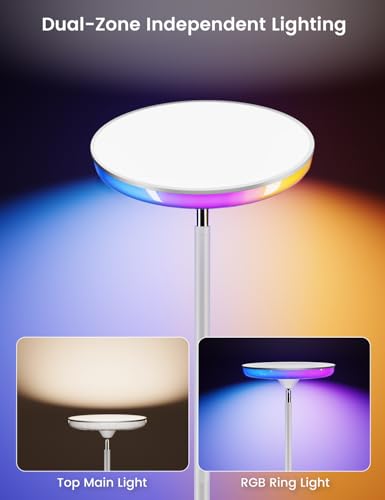 Image of UFO LED Torchiere Floor Lamp with RGB Ambient Light, 42W 3700LM Bright Dimmable Sky Lamp,71in Modern Tall Standing Lamp with Remote Touch Control&Timer,for Living Room Bedroom Office Gaming Room,White