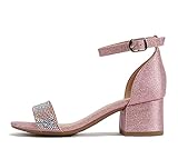 Soda “VEIL-2” ~ Little Kids/Children/Girls Open Round Toe Rhinestone Closed Back Counter Ankle Strap Low Heel Sandal, Pink Fabric, 4 Big Kid
