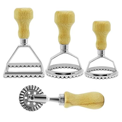 Ravioli Maker Cutter Stamp Set – Leading Dough Cutter and Press Stamps with Wooden Handle –for Ravioli, Pasta, Dumplings Lasagna, Pierogi – Upgraded 2019 3Pcs Stamps, 1 Pasta/Pastry Cutter Wheel