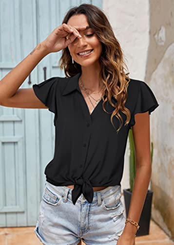 Messic Womens Business Tops And Blouses, Summer Office Tops For Women Dressy Collared Shirt Chiffon V Neck Comfy Professional Blouses For Work Black Xl #TOP5