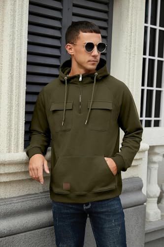QIXING Men's Cargo Hoodies Quarter-Zip Sweatshirts Tactical Jumpers Casual Gym Athletic Loose Hooded Tops - Image 4