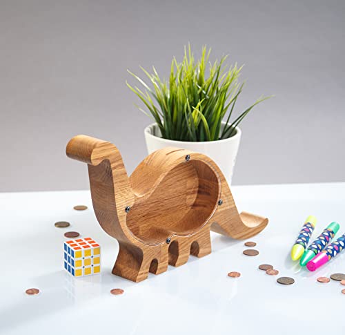 Dinosaur Piggy Bank For Boys Girls – Durable And Practical Money Saving Box – Natural Oak Wood W Transparent Plexiglass Idea For Developing Money Saving Habit (Standard) #TOP3