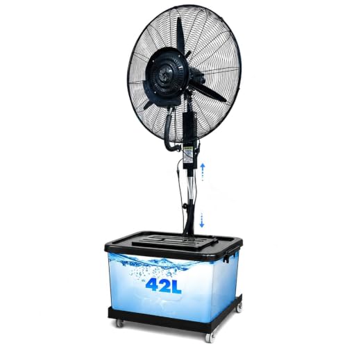 Qwerjkl Ventilador con Agua Industrial de Gran Capacidad 42L, Ventilador Nebulizador de Pie con Ruedas, 3 Velocidades y Oscilación 90°, Enfriador de Aire Exterior Larga Distancia para Terraza