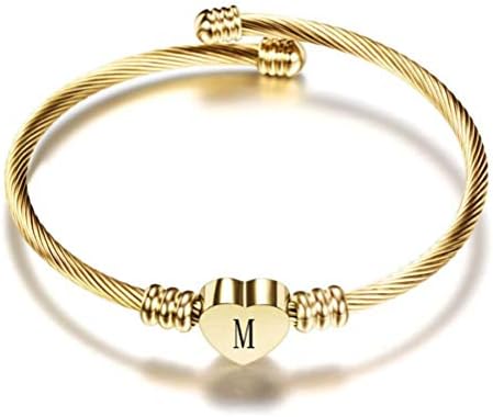 LSxAB Women Initial M Bracelets Gold Bangle Girlfriend Name Cuff Letters Heart Chain Girl Friends Family Birthday Anniversary Stainless Steel
