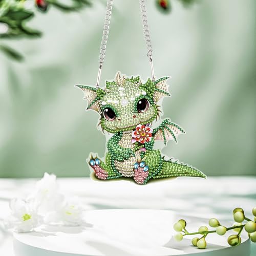 Image of Green Dragon Diamond Painting Kit - 5D DIY Acrylic Pendant with Special Shaped Rhinestones, Cute Fantasy Animal Hanging Ornament for Wall, Window, Door, or Car Mirror Decor, Gift for Adults and Teens