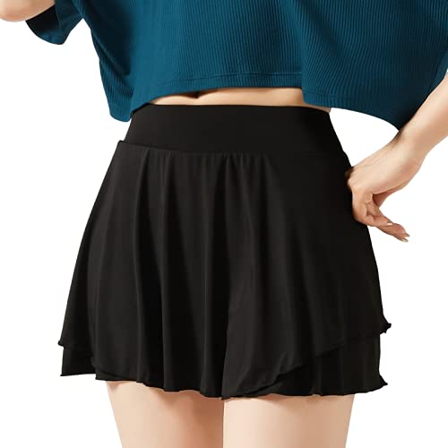 KINGOTS Quick Dry 2 in 1 Flowy Fitness Yoga Shorts for Women Gym Workout Skirts Athletic Pants Running Leggings Black