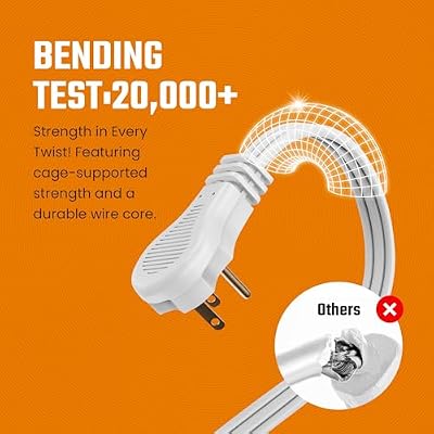 White Extension Cord 10+ Ft 3-Prong 3-Outlet Extension Wire- Space-Saving Flat Angled for Indoor Use by Bindmaster- UL-Listed