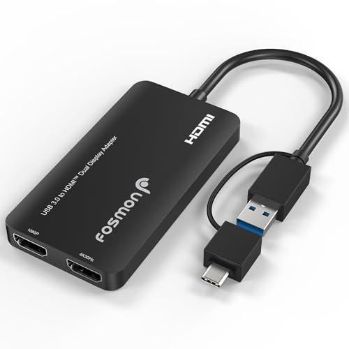 Image of Fosmon 2-in-1 USB C & USB 3.0 to Dual HDMI Display Adapter, 1x 4K@30Hz & 1x 1080p, Multi-Monitor Display (3 Separate Screens) Extender Splitter for macOS, MacBook, Windows, Chromebook