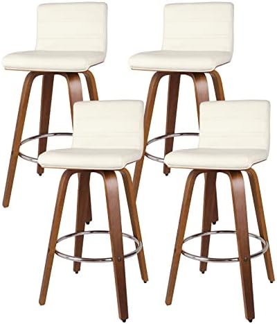 RêveLife 29 Inch Swivel Bar Stool with Back Set of 4, Mid-Century Modern PU Leather Upholstered Counter Height Stool Heavy Duty Bentwood Bar Chairs for Kitchen Island Dining Room Small Space, Cream