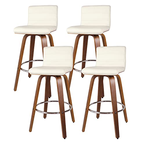 Rêvelife 29 Inch Swivel Bar Stool With Back Set Of 4, Mid-Century Modern Pu Leather Upholstered Counter Height Stool Heavy Duty Bentwood Bar Chairs For Kitchen Island Dining Room Small Space, Cream #TOP3