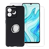 YQINHHME Black Case for Cubot A40 (6.88') with 1 x Tempered Glass +360° Cell Phone Metal Ring Holder, Slim Soft Silicone Military Grade Shockproof TPU Cover for Cubot A40
