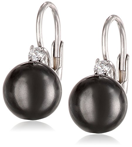 Sterling Silver Black Simulated Shell Pearl and Cubic Zirconia Lever Back Earrings (8mm)