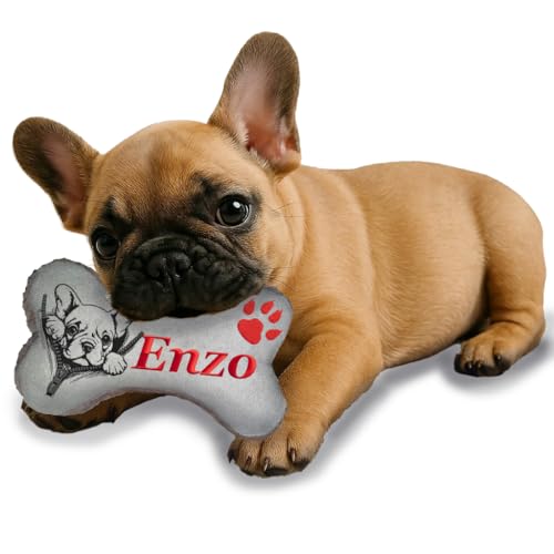 Personalisiertes Hundespielzeug Knochen – bestickter Canvas Hundeknochen mit Name – wählbar mit Quietscher oder Rassel – 20 Farben – Größen XS bis XXL