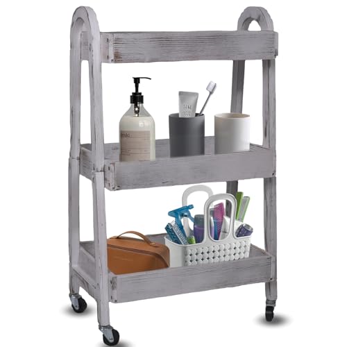 Kersiki 3-Tier Wooden Rolling Cart- Wooden Utility Cart wit Wheels- Utility Rolling Cart-Storage Trolley Organizer- Rolling Kitchen Serving Cart for Office,Kitchen, Kids' Room (Retro Grey)