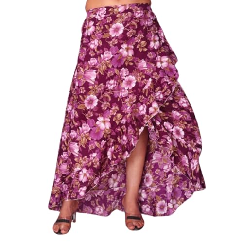 Image of JYESHTA Floral Print American Crepe Wrap Skirt with Ruffle Hem, Elastic Waistband (M, Flower Pink)