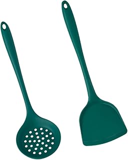 SAFIGLE Utensilios de Cocina de Silicona Antiadherentes de Espátula y Cuchara Ranurada Verde Oscuro con Orificio para Colgar Ligeros y Fáciles de Almacenar para Uso Diario